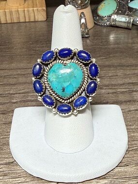 Turquoise Heart and Lapis Sterling-Style Statement Ring